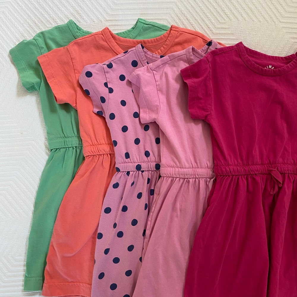 Primary dresses, lot of 5, cotton tie-waist pockets, size 4T-5T